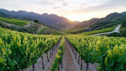 Fototapeta premium An expansive view of a vineyard is depicted at sunset, with rows of grapevines flanked by lush, rolling hills in the distance under a colorful sky.
