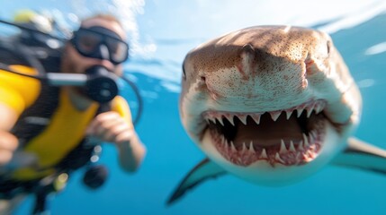 Naklejka premium An intriguing underwater moment as a scuba diver calmly shares open water with a curious shark, highlighting the harmonious and adventurous spirit of the ocean world.