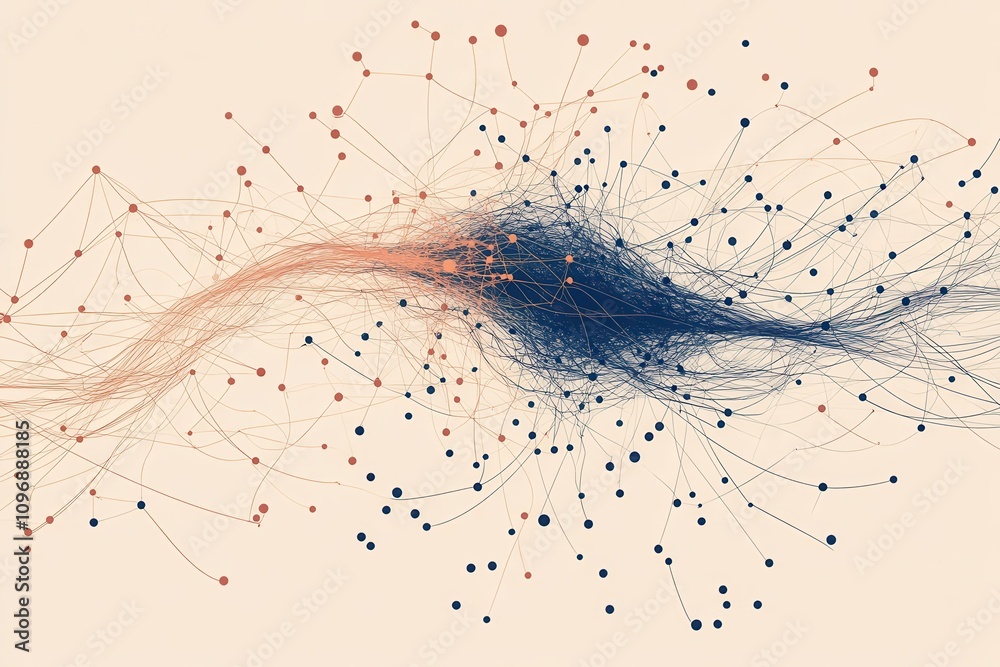 Poster An abstract visualization of interconnected lines and nodes, showcasing dynamic movement and flow in a blend of blue and red hues.