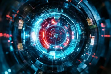 Futuristic circular data stream, glowing blue and red.