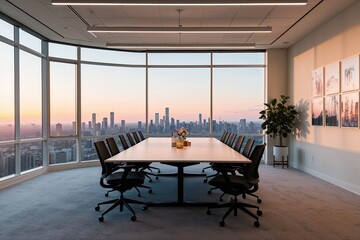 Fototapeta premium Expansive Creative Office Workspace at Sunrise with Delicate Pastel Shades and Skyline View