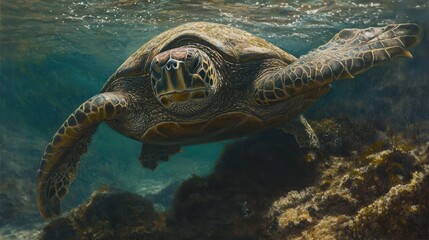 Fototapeta premium Underwater close-up of a sea turtle swimming near rocks.
