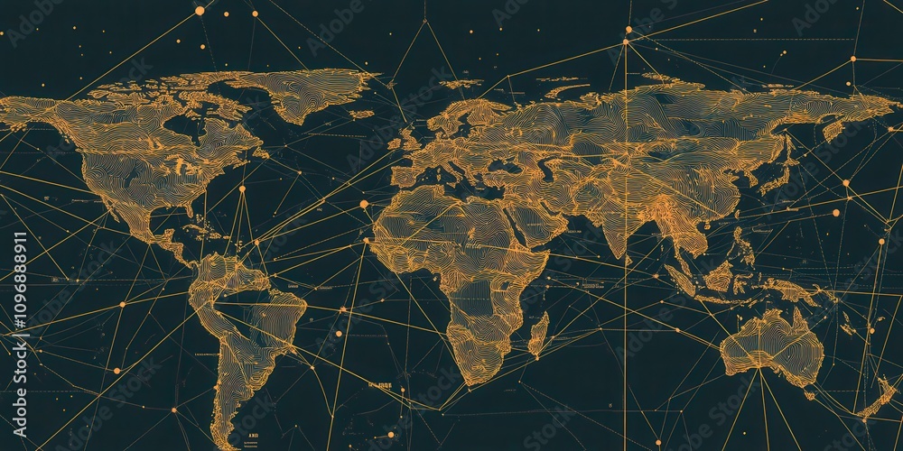 Aufkleber A stylized world map featuring interconnected lines and nodes, representing global networks and data flow.
