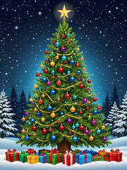 Obraz premium Magical Christmas Tree and gifts. Sparkles with Vibrant Lights and Ornaments on a Snowy night. Beautiful X-mas Background. Generative AI