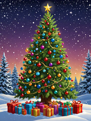 Obraz premium Magical Christmas Tree and gifts. Sparkles with Vibrant Lights and Ornaments on a Snowy night. Beautiful X-mas Background. Generative AI