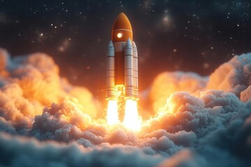 3d-illustrated rocket launching into space against a clean white background. the rocket's sleek design and vibrant colors emphasize the excitement and ambition of space exploration