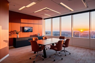 Flushed Tones in a Contemporary Corporate Office at Sunrise: Enriching Views for Executive Presentations in a Warm Hues Workspace