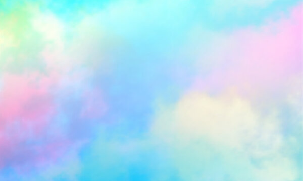 Colorful watercolor background of abstract sunset sky with puffy clouds in pastel rainbow colors of pink blue yellow orange and