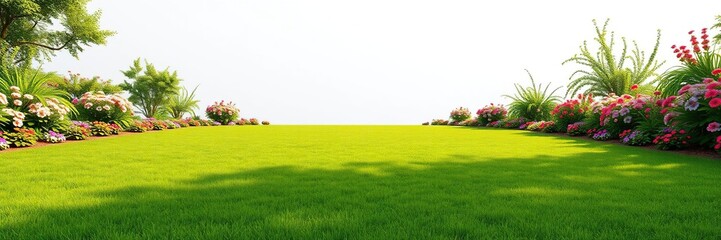Obraz premium A serene and peaceful scene of a perfectly manicured lawn with vibrant green grass and colorful flowers surrounding it, serenity, lush lawn