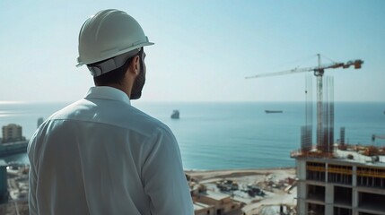 Arab Engineer in Hard Hat Overlooking Construction Site by Ocean