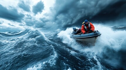Fototapeta premium A solitary man dressed in orange gear navigates stormy seas in an inflatable boat, showcasing courage and determination amidst foreboding skies and swirling waves.