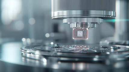 AI Chip in Medical Device on Metallic Table with Ambient Lighting