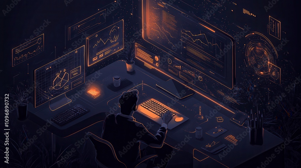 Poster a person sits at a futuristic desk surrounded by glowing screens, immersed in data analysis and digi