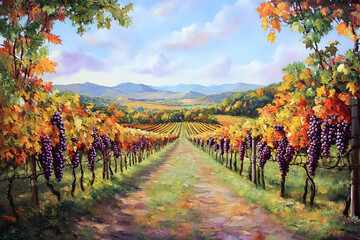 Fototapeta premium A vibrant vineyard scene with purple grapes and autumn foliage under a blue sky.