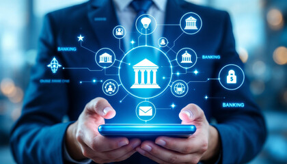 Fototapeta premium The concept of using digital technology for online banking. Businessman is holding a phone with icons of online banking technology. Customer withdraw money, Internet, bank account, shopping, payment,