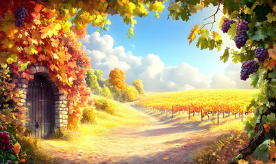 Naklejka premium A picturesque vineyard scene with autumn foliage, a pathway, and a stone archway.