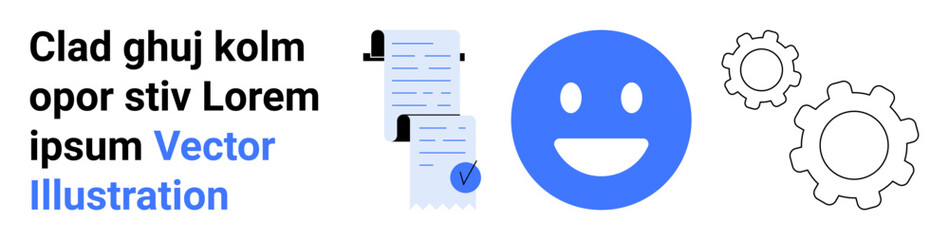 Blue happy face, documents with checkmark, two gears, black and blue text. Ideal for business presentations, tech services, workflow management, user feedback, planning, streamlining processes