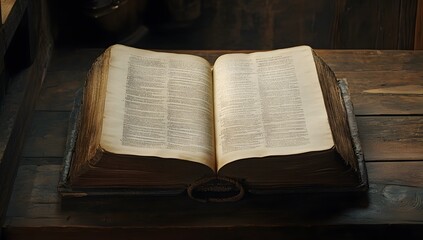 A large open book with pages turning on the wooden table, a close-up shot. The background is a dark brown wood, creating an atmosphere of knowledge and learning.