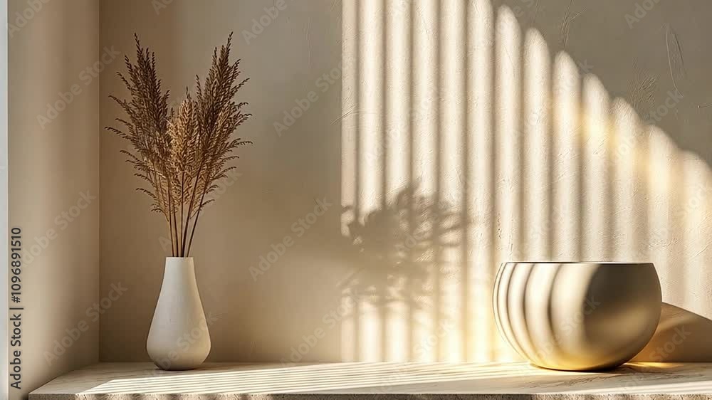 Aufkleber a minimalistic interior showcases a white vase holding dried flowers. sunlight filters through sleek