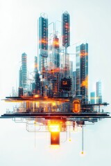 Futuristic city, digital architecture, glowing cityscape.