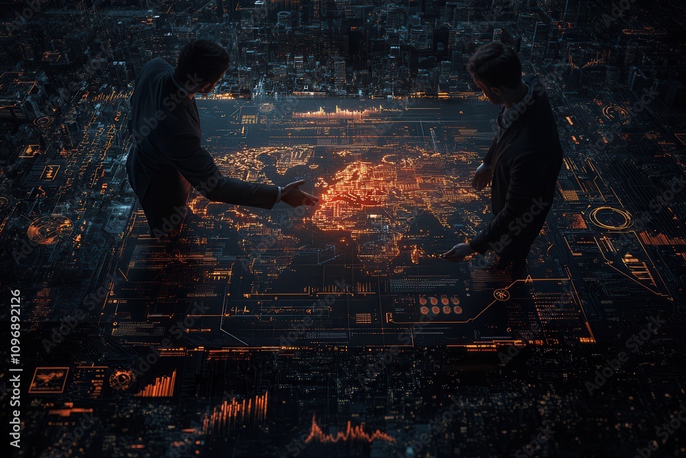 Poster two figures interact over a glowing, digital cityscape, showcasing a futuristic, tech-driven environ