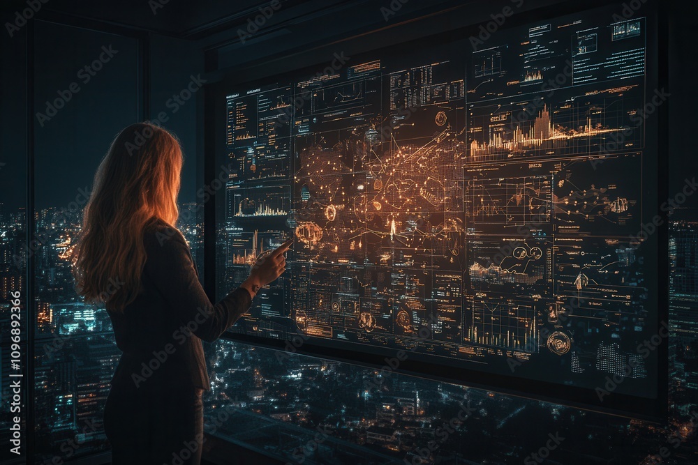 Poster a woman interacts with a digital cityscape display, showcasing a futuristic interface with glowing d
