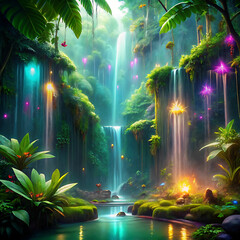 Fototapeta premium 3D Digital Rainforest with Luminous Plants, Glowing Vines, and Waterfalls