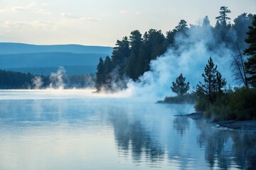 Fototapeta premium Gentle blue and white mist rising from a serene lake, lake, mist, atmosphere