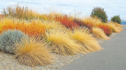 Colorful ornamental grasses border a paved path.