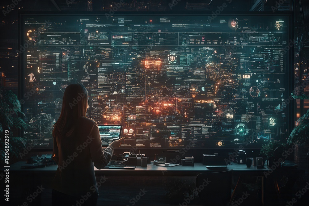 Aufkleber A person stands before a futuristic interface displaying a complex array of data and visuals in a dark, high-tech environment.