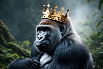 Stunning Gorilla Portrait Wearing a Crown Unique Wildlife Art Concept