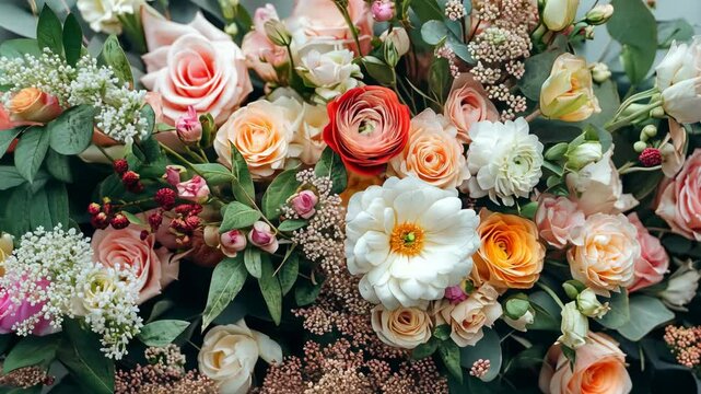 Vibrant pink, orange, and white flowers create a stunning bouquet, showcasing a masterful floral arrangement
