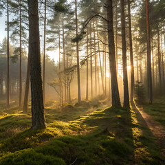 Fototapeta premium Dense Forest at Dawn with Golden Sunlight and Long Shadows