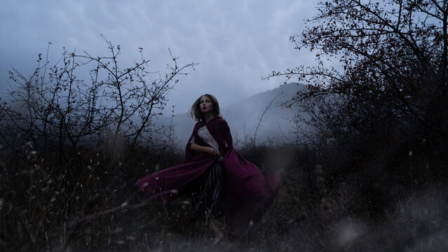Portrait of young queen princess running. A scared girl in a long red cloak is haunted by witch hunters in a mystical deep forest with fallen leaves. Vampire, female fairytale character. sstkFantastic