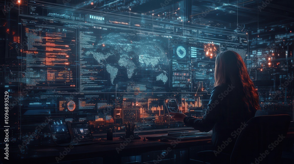 Poster A person observes a high-tech control room filled with screens displaying data and a world map, creating a futuristic, analytical atmosphere.