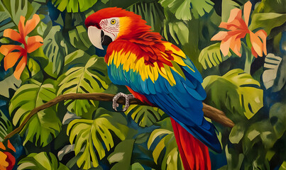 Obraz premium A vibrant painting of a macaw perched among lush tropical foliage and flowers.