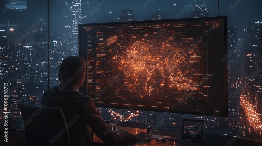 Poster a person sits in front of a large screen displaying a glowing, intricate map of a city, with a futur