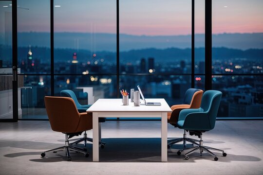 Contemporary Workspace Dusk View with Panoramic Cityscape Ambiance