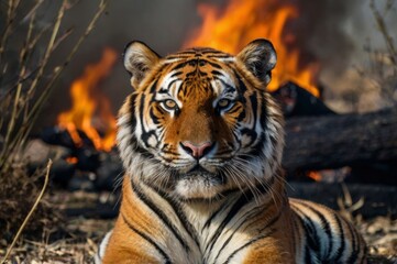 gorgerous tiger portrait, burning fire in background