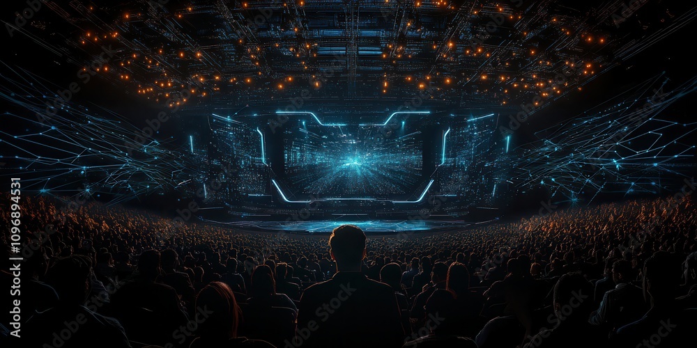 Poster a futuristic concert scene with a crowd watching an illuminated stage, featuring vibrant blue lights