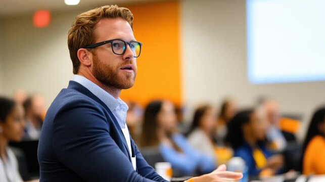 An attentive man with glasses is seated in a conference room, engaged with a speaker's presentation, denoting concentration and intellectual curiosity.