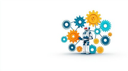 RPA Robotic process automation innovation AI integration A colorful robot surrounded by gears, symbolizing innovation and automation.
