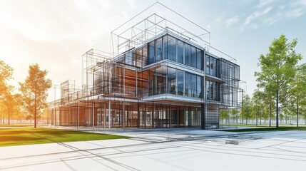 A large building with a lot of glass windows and a green tree in the background