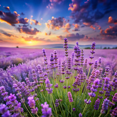 Naklejka premium Field of Lavender Flowers Swaying Gently in a Soft Breeze
