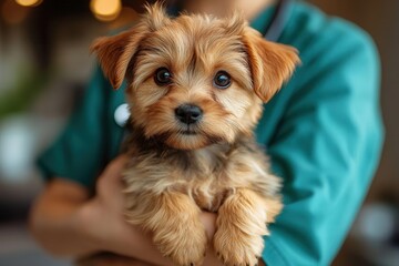 a caring veterinarian lovingly holds a small, fluffy puppy in his hands, radiating warmth and compassion within a sunlit clinic environment