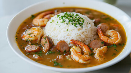 Delicious Shrimp and Sausage Gumbo Served with Steamed Rice