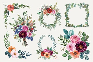 Botanical Watercolor Floral Illustration Bundle with Bouquets Greenery Frames and Decorative Borders