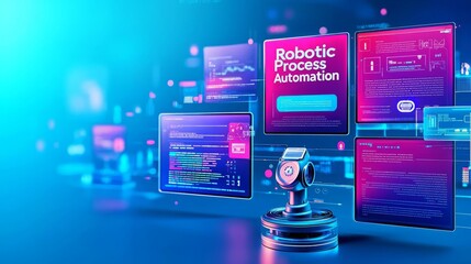 RPA Robotic process automation innovation AI integration Futuristic robotic process automation concept with digital interfaces.
