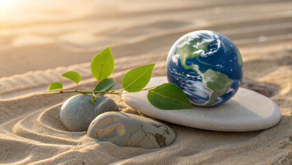 Green harmony, a globe on a flat stone with green leaves on natural beige sand, Earth Day celebration
