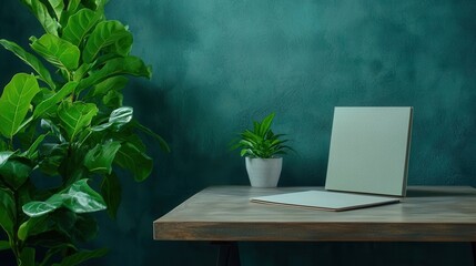 Peaceful Green Plant Workspace with Laptop on Wooden Desk